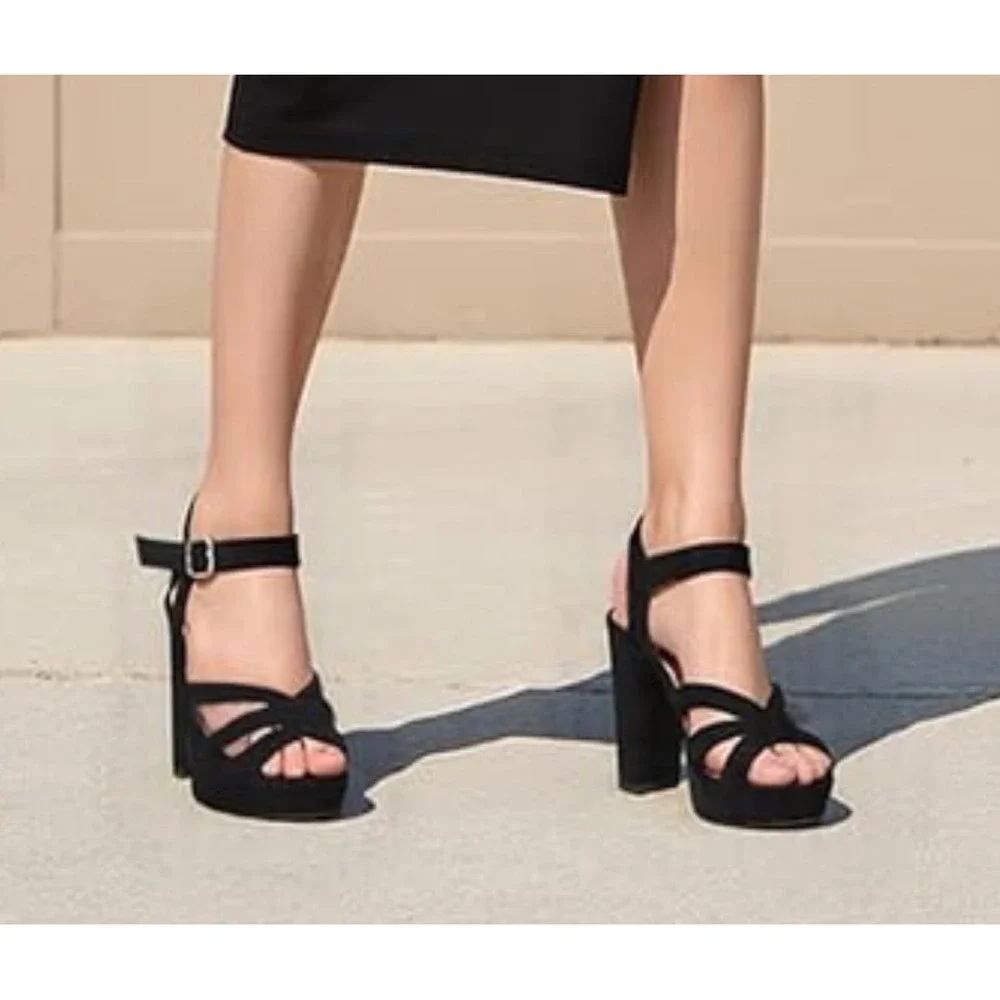 Coleter Womens Black Suede Platform Chunky Heel Sandals Open Toe Shoe Sz 7